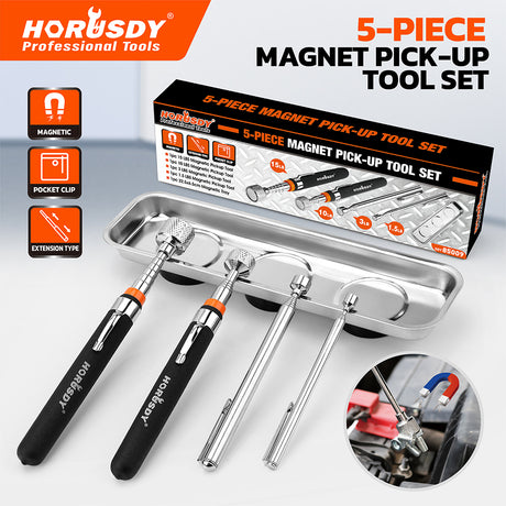5-piece telescoping magnetic pickup tool set with 1.5 lb, 3 lb, 10 lb and 15 lb magnet tools, pocket clips, padded handles and large stainless steel magnetic parts tray for screws, bolts and auto repair