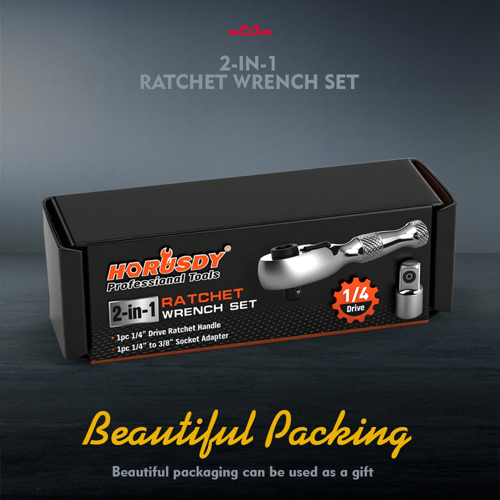 2-in-1 1/4 inch drive mini ratchet wrench with 90-tooth 4-degree swing, magnetic bit driver and 1/4 to 3/8 socket adapter