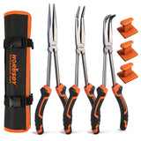 3-piece 11-inch long reach pliers set with straight, 45-degree and 90-degree bent nose pliers, magnetic racks and roll-up pouch