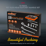 10-piece 90-tooth flex-head ratchet handle set with adapters and extension bars for automotive and mechanical work