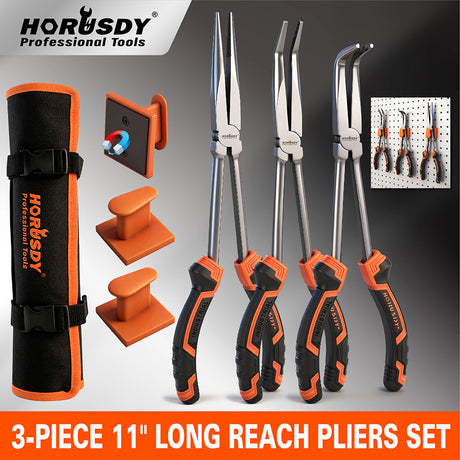 3-piece 11-inch long reach pliers set with straight, 45-degree and 90-degree bent nose pliers, magnetic racks and roll-up pouch