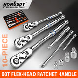 10-piece 90-tooth flex-head ratchet handle set with adapters and extension bars for automotive and mechanical work