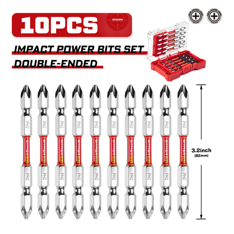 10-piece double-ended PH2 impact power bit set featuring magnetic S2 steel bits with dual torsion zones, HRC63 hardness, anti-cam-out design and storage case, available in 2.5 inch, 3.2 inch and 4.5 inch lengths for impact drivers and drills.