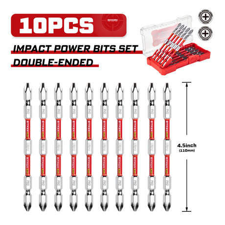 10-piece double-ended PH2 impact power bit set featuring magnetic S2 steel bits with dual torsion zones, HRC63 hardness, anti-cam-out design and storage case, available in 2.5 inch, 3.2 inch and 4.5 inch lengths for impact drivers and drills.