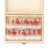 15-piece 1/4 inch shank router bit set in wooden storage case with straight, dovetail, cove, cove box, Roman ogee, corner round, chamfer, mortising and V-slot bits for woodworking