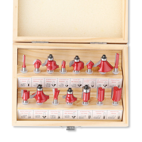 15-piece 1/4 inch shank router bit set in wooden storage case with straight, dovetail, cove, cove box, Roman ogee, corner round, chamfer, mortising and V-slot bits for woodworking