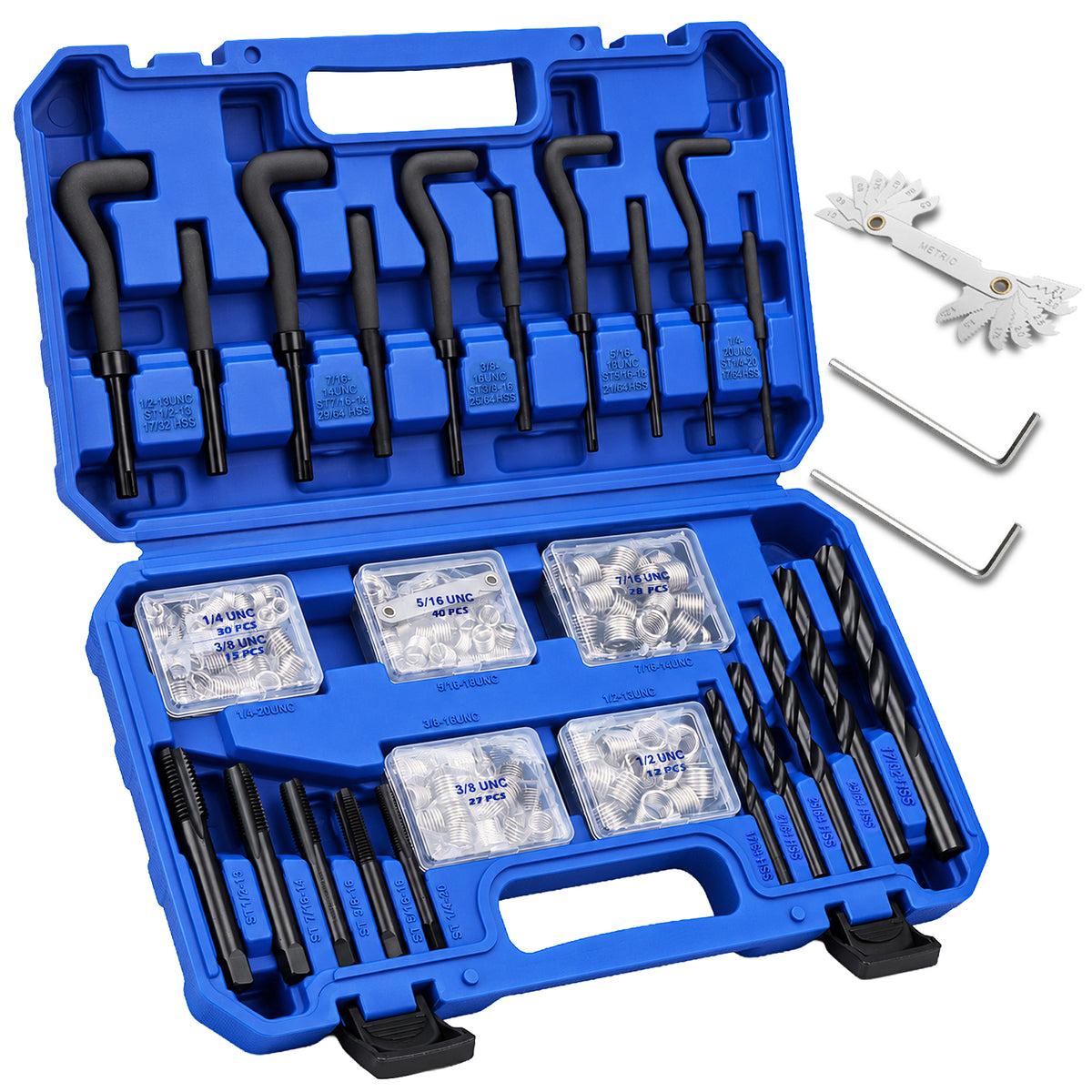 175-piece SAE thread repair kit with HSS drill bits, taps, wire thread inserts, installation tools and 1/4 to 1/2 inch thread sizes