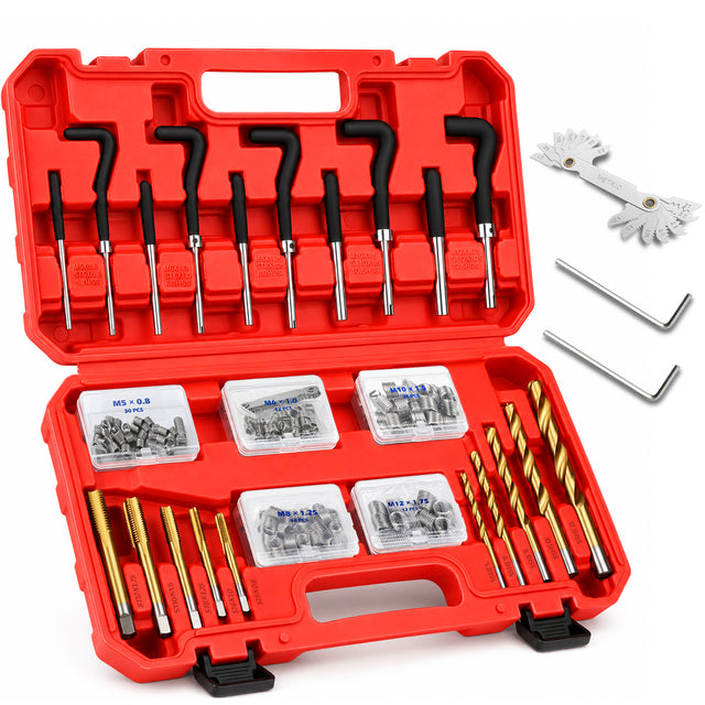 175-piece metric thread repair kit with M5 to M12 wire thread inserts, HSS drill bits, taps and installation tools