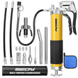SEDY 17-piece grease gun kit with pistol handle, flexible spring hose, locking coupler, nozzles, and grease canister for heavy-duty lubrication work.