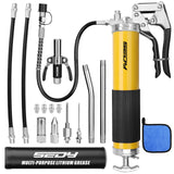 SEDY 17-piece grease gun kit with pistol handle, flexible spring hose, locking coupler, nozzles, and grease canister for heavy-duty lubrication work.