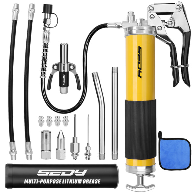 SEDY 17-piece grease gun kit with pistol handle, flexible spring hose, locking coupler, nozzles, and grease canister for heavy-duty lubrication work.