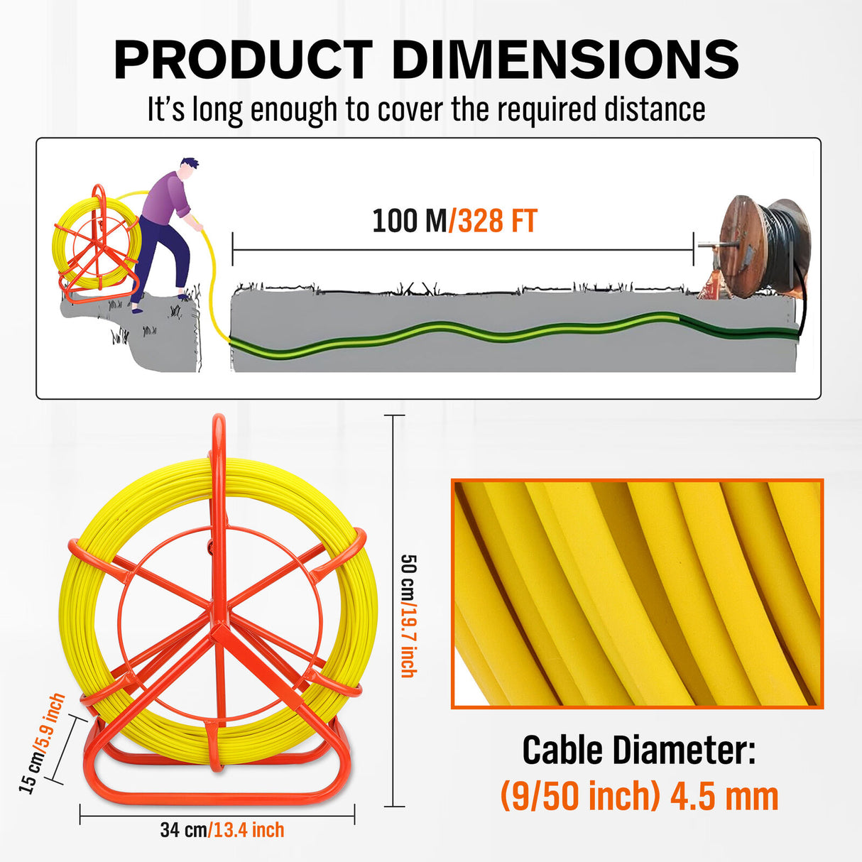 100M HORUSDY fiberglass fish tape cable puller with 4.5mm diameter for wire installation, featuring a non-conductive, durable design with stabilised support.