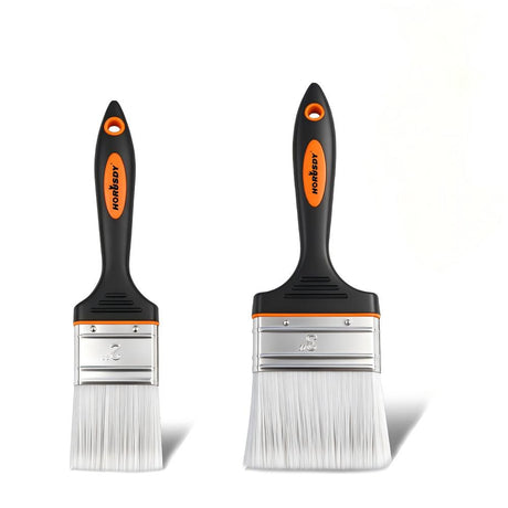 2 inch and 3 inch flat paint brush set with polyester bristles, stainless steel ferrule and plastic handle for paints, stains, acrylics and DIY projects