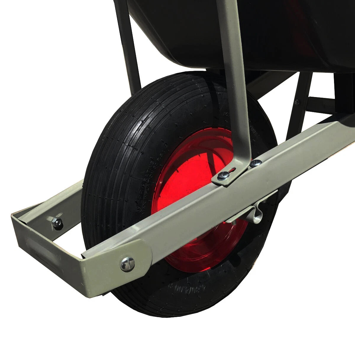 100 litre heavy-duty builders wheelbarrow with black tray, red steel wheel, and galvanised frame, ideal for garden, construction, and utility use