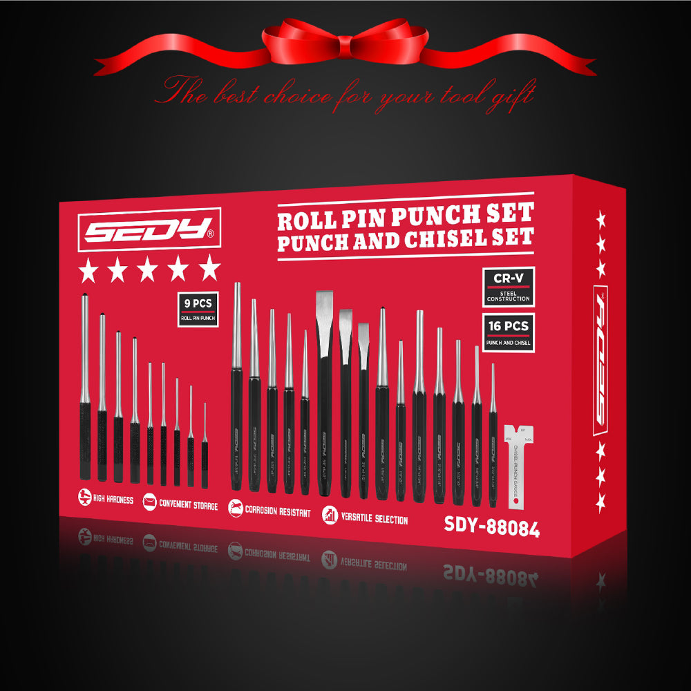 25-piece roll pin punch and punch and chisel set with CR-V steel tools, angle gauge, roll-up storage pouches and gift box