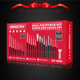 25-piece roll pin punch and punch and chisel set with CR-V steel tools, angle gauge, roll-up storage pouches and gift box