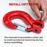 heavy-duty clevis slip hook with safety latch, cotter pin and red powder-coated finish for lifting, towing, recovery and rigging applications