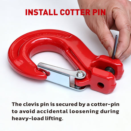 heavy-duty clevis slip hook with safety latch, cotter pin and red powder-coated finish for lifting, towing, recovery and rigging applications