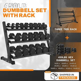 350 lb or 450 lb hex dumbbell set with 3-tier storage rack, anti-roll heads and knurled handles for home gym strength training