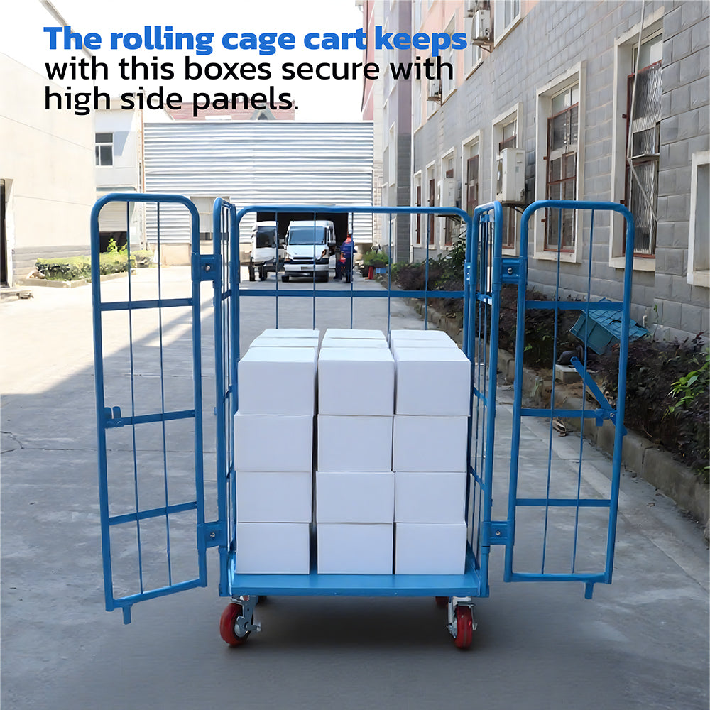 Blue heavy duty double-door logistics trolley cage with lockable swivel rubber wheels for warehouse storage and transport