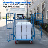 Blue heavy duty double-door logistics trolley cage with lockable swivel rubber wheels for warehouse storage and transport