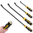 4-piece heavy duty pry bar set with 8, 12, 18 and 24 inch CR-V steel pry bars, angled tips, strike caps and TPR handles