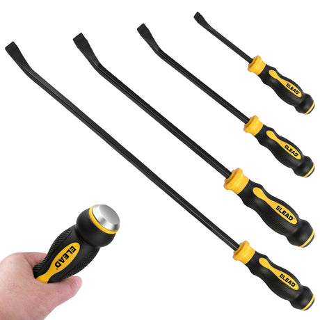 4-piece heavy duty pry bar set with 8, 12, 18 and 24 inch CR-V steel pry bars, angled tips, strike caps and TPR handles