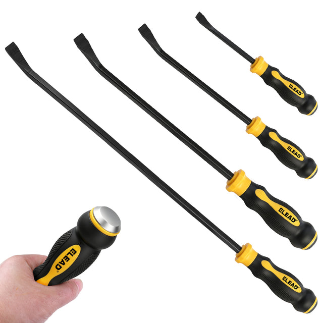 4-piece heavy duty pry bar set with 8, 12, 18 and 24 inch CR-V steel pry bars, angled tips, strike caps and TPR handles