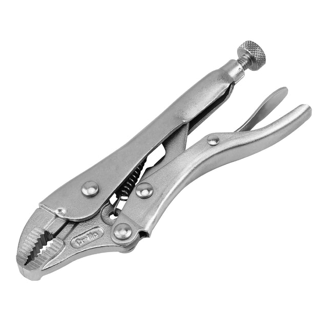 Curved jaw locking pliers in 5 inch and 10 inch options with drop forged CR-MO steel construction, adjustable tension screw, serrated jaws and quick release handle for clamping, gripping, tightening and holding metal, wood, pipe and workshop materials