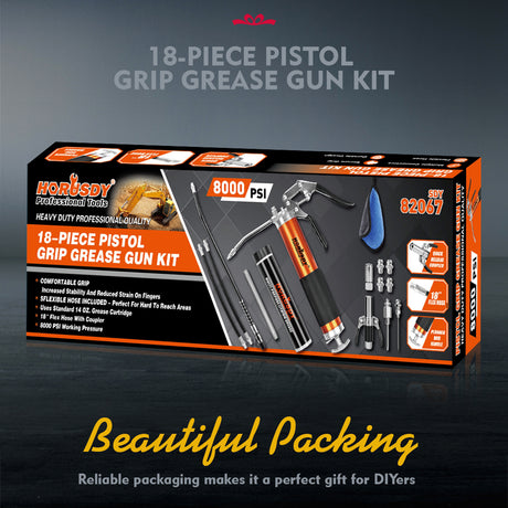 18-piece pistol grip grease gun kit with 8000 PSI pressure, flexible hose, lock coupler and multiple grease fittings