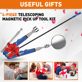 4-piece telescoping magnetic pickup tool kit with inspection mirror, flexible grabber and strong magnets