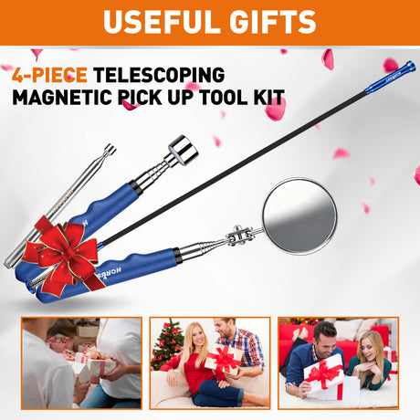 4-piece telescoping magnetic pickup tool kit with inspection mirror, flexible grabber and strong magnets