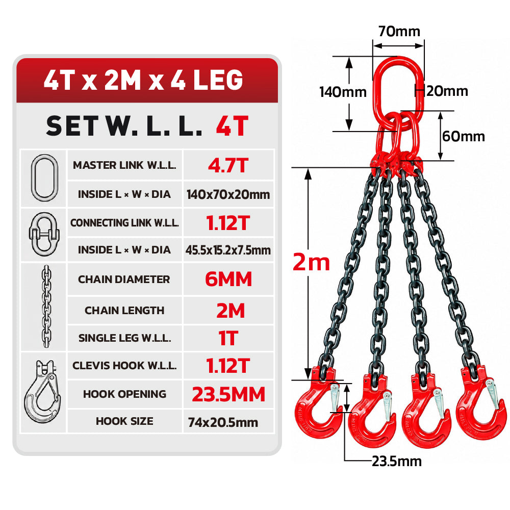 Grade 80 chain sling 1T-5T heavy duty lifting chain with master link and safety hooks, available in 1, 2 and 4 leg configurations for rigging and hoisting