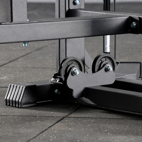 plate loaded lateral raise machine with adjustable arms, headrest, pulley system and steel frame for home gym shoulder training