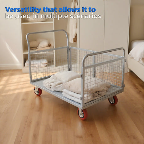 4-in-1 foldable blue caged platform trolley, 450kg load, heavy-duty steel cart with braked castors, flatbed warehouse and workshop cart AU