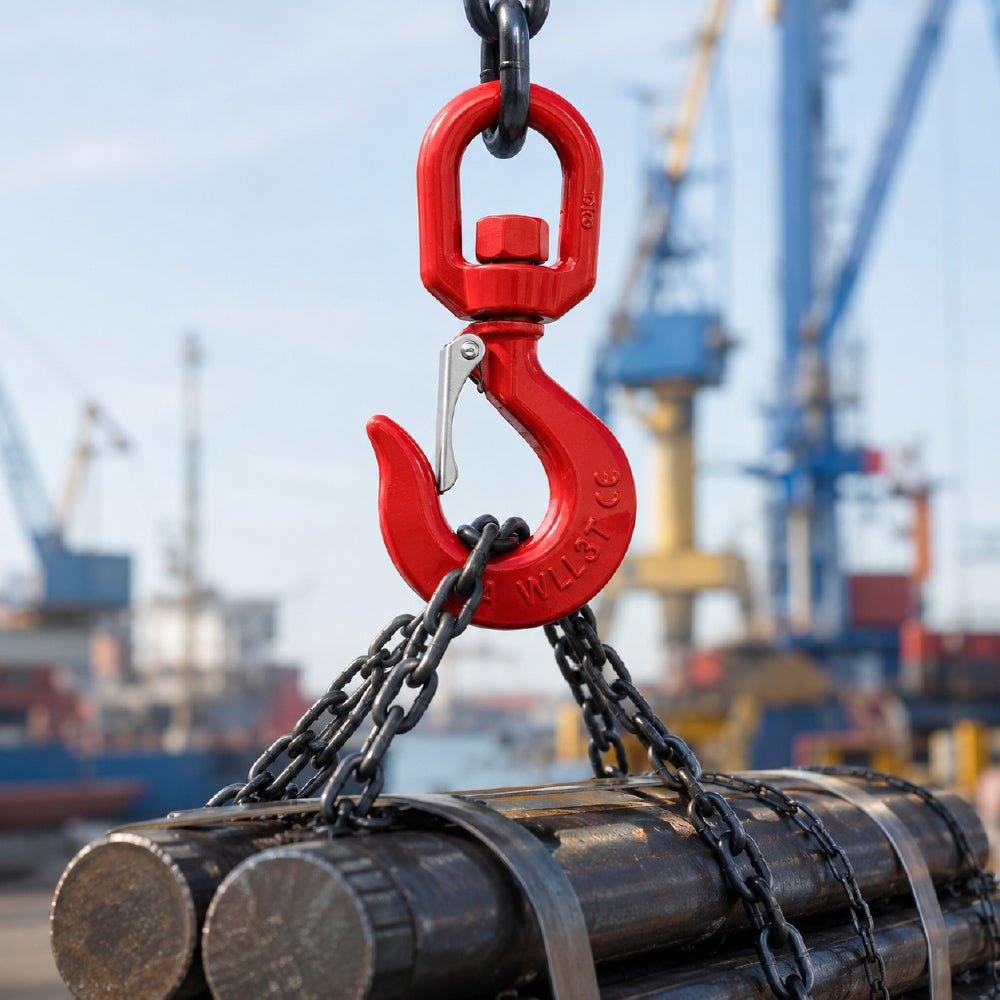 heavy-duty swivel lifting hook with safety latch and red powder-coated finish for rigging, hoisting and material handling