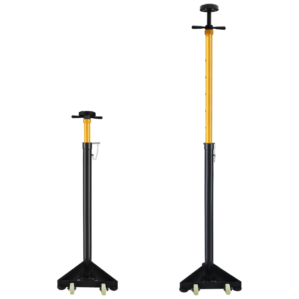 2 ton adjustable under hoist safety support stand with rubber cushioned tray, rotating handle, steel base and nylon wheels