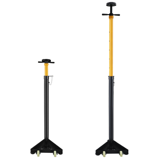 2 ton adjustable under hoist safety support stand with rubber cushioned tray, rotating handle, steel base and nylon wheels