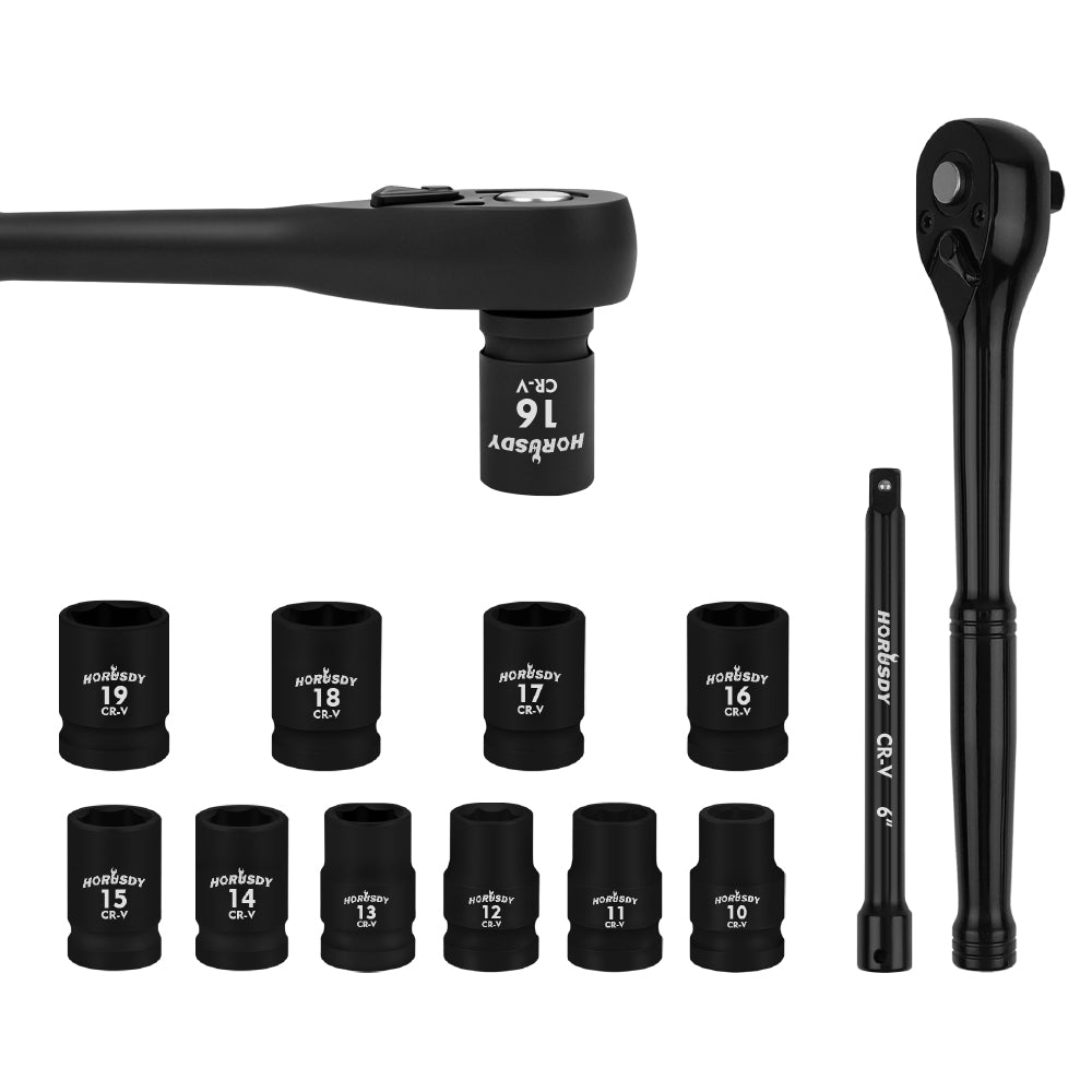 12-Piece 1/2" Drive Ratchet Socket Wrench Set with Metric Sockets 10-19mm, 72T Quick Release Ratchet, and 6" Extension Bar for Car and Garage Repair