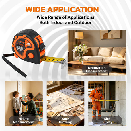 25FT 7.5M self-locking measuring tape with dual scale, belt clip, wrist strap, carbon steel blade and ABS rubber case