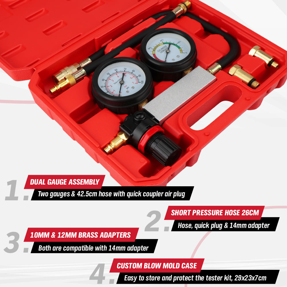 cylinder leak down tester kit dual gauge engine compression tester air powered automotive diagnostic tool with hose adapters 10mm 12mm 14mm for car motorcycle engine testing