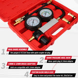 cylinder leak down tester kit dual gauge engine compression tester air powered automotive diagnostic tool with hose adapters 10mm 12mm 14mm for car motorcycle engine testing