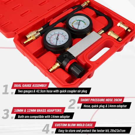 cylinder leak down tester kit dual gauge engine compression tester air powered automotive diagnostic tool with hose adapters 10mm 12mm 14mm for car motorcycle engine testing