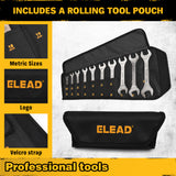 19-piece super-thin open end wrench set with 3mm slim profile, SAE and metric sizes, chrome vanadium steel construction, four-point open ends, and rolling tool pouch