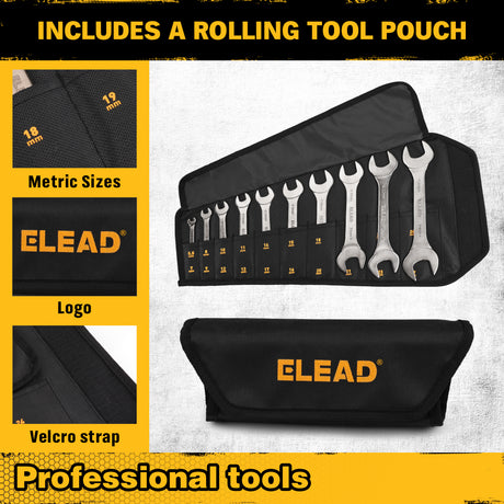 19-piece super-thin open end wrench set with 3mm slim profile, SAE and metric sizes, chrome vanadium steel construction, four-point open ends, and rolling tool pouch