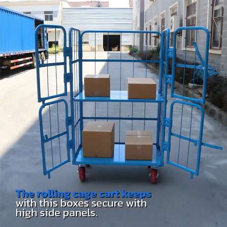 Heavy duty 4-door warehouse cage trolley with mesh panels, swivel wheels and brake function for logistics, storage and transport