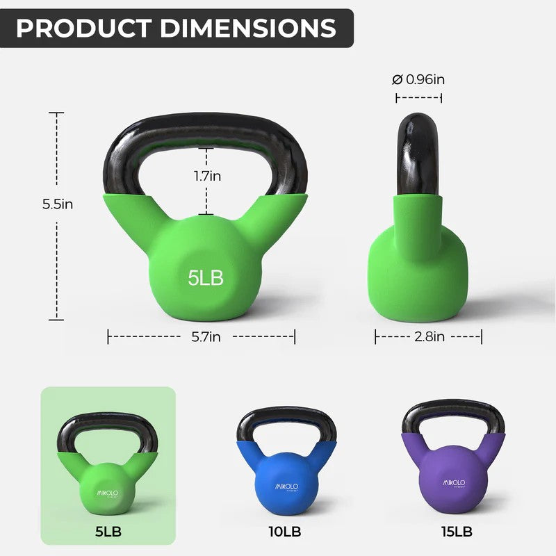 vinyl coated kettlebell weights in 5LB, 10LB and 15LB options with wide grip handles for home gym strength training, squats and full body workouts