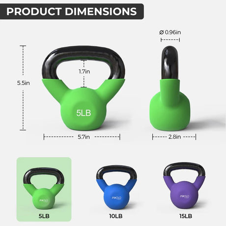 vinyl coated kettlebell weights in 5LB, 10LB and 15LB options with wide grip handles for home gym strength training, squats and full body workouts