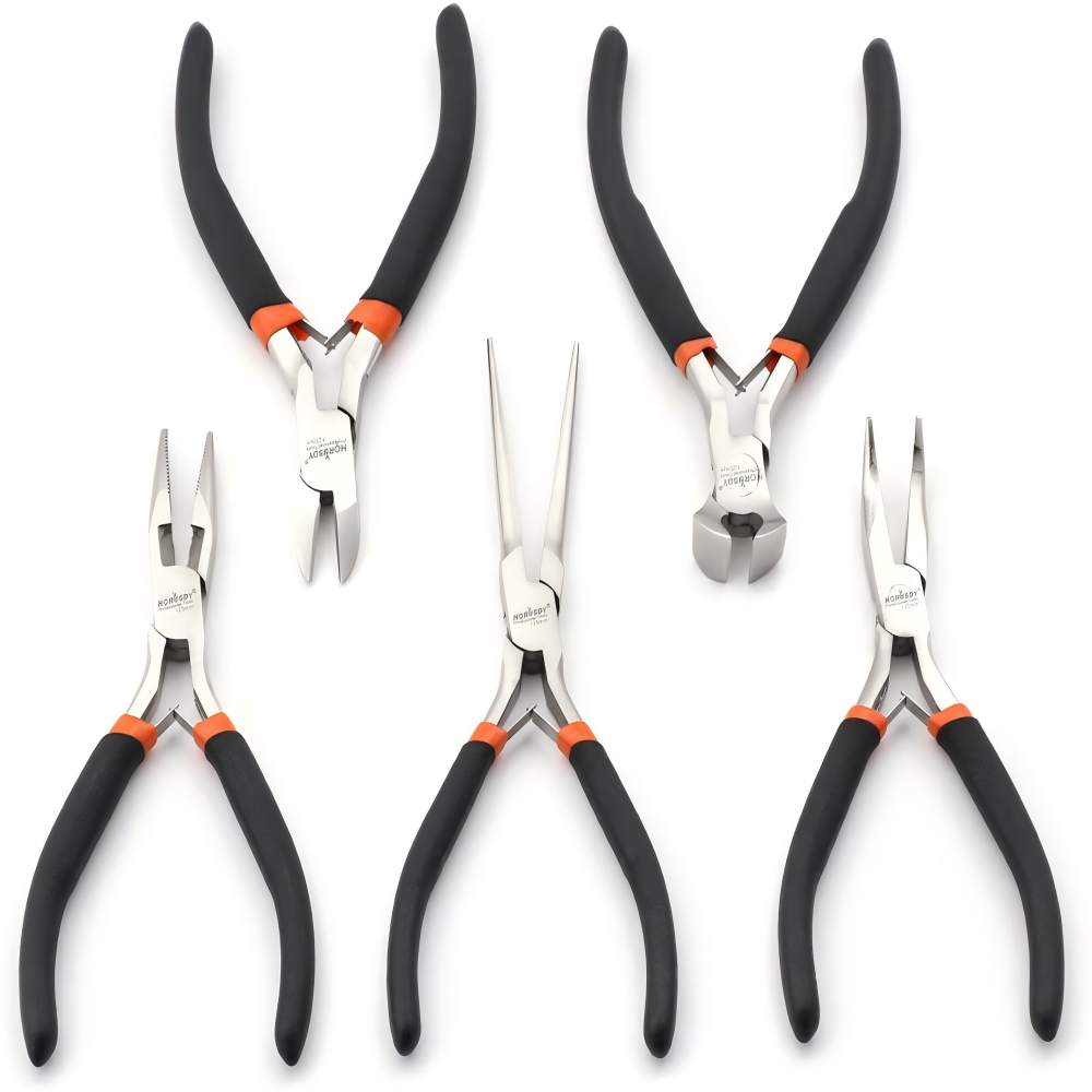 HORUSDY 5PCS mini pliers set including long nose pliers, bent nose pliers, flat nose pliers and end cutting pliers for jewelry making electronics repair DIY precision work