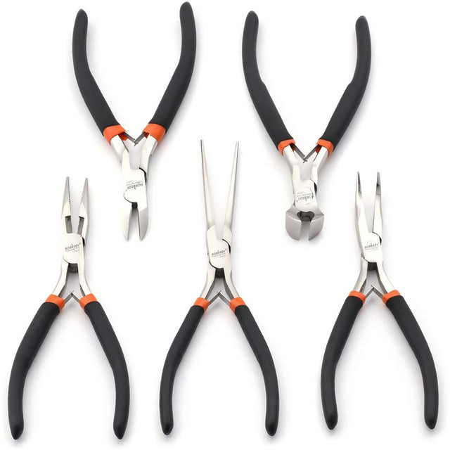 HORUSDY 5PCS mini pliers set including long nose pliers, bent nose pliers, flat nose pliers and end cutting pliers for jewelry making electronics repair DIY precision work